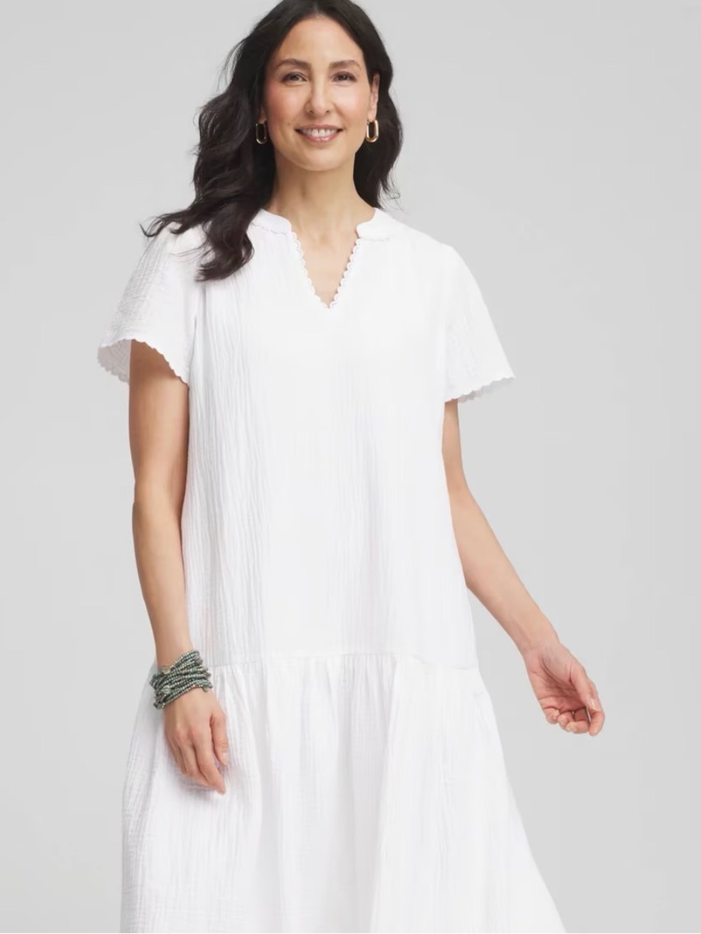 Chico’s Lightweight Gauze Cotton Popover Midi Dress White Size Large EUC